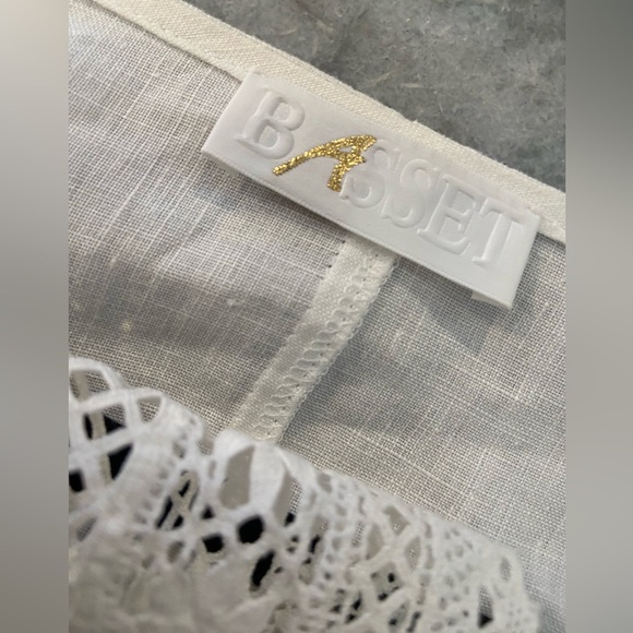 Basset Size S White Linen Lace Fitted Stone Button Front 3/4 Sleeve Top Germany - Picture 7 of 11